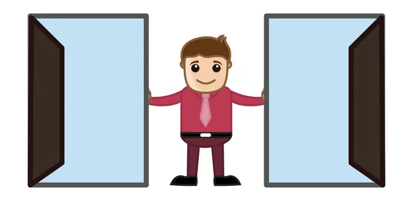 Two Open Doors - Which to Choose Concept Cartoon Business character — стоковый вектор
