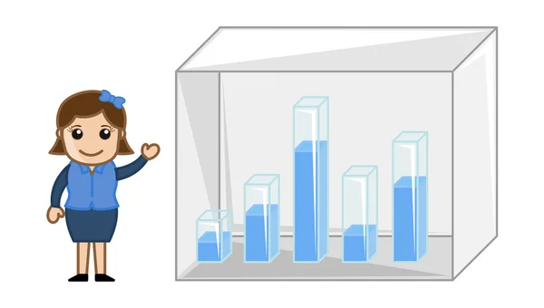 Chica mostrando barras de gráficos 3d - Ilustraciones de vectores de dibujos animados de negocios — Vector de stock
