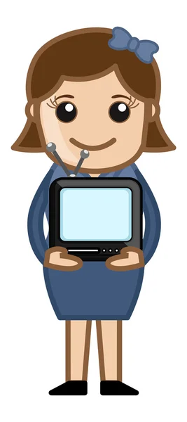 Γυναίκα που κρατά μικρή φορητή τηλεόραση - επιχείρηση κινούμενα σχέδια διανύσματα — Διανυσματικό Αρχείο