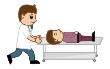Acil kavramı - sedye - tıbbi karikatür vektör karakter itme patent doktor