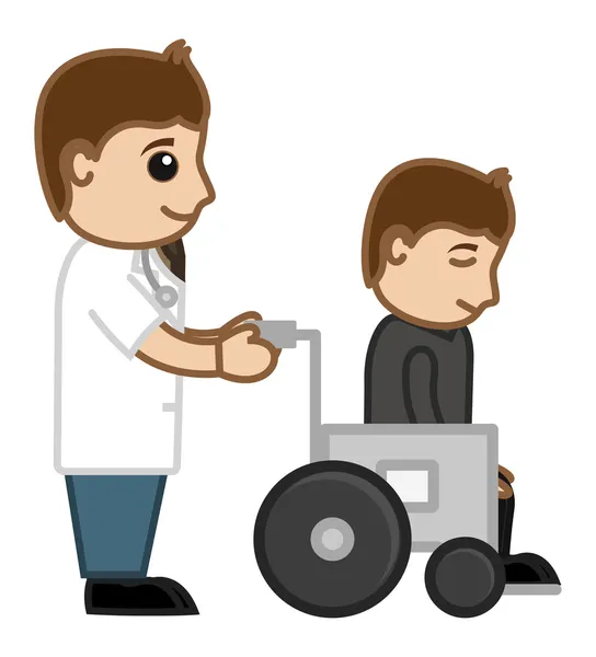 Paciente em cadeira de rodas - Personagem de vetor de desenhos animados médicos — Vetor de Stock