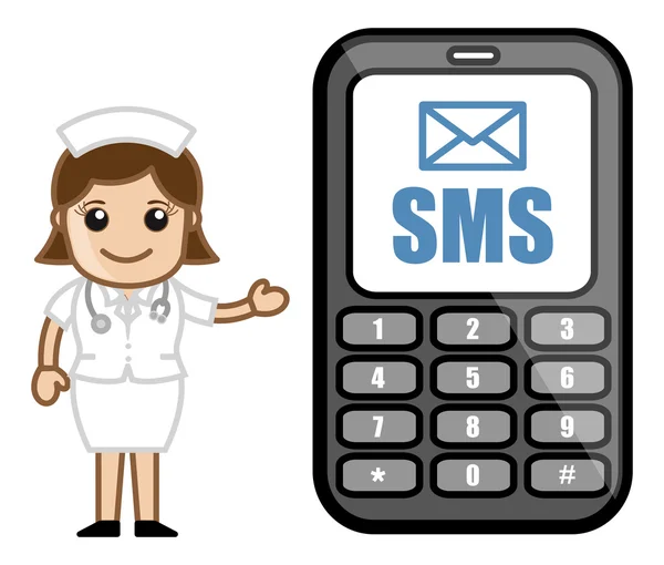 Servicio SMS - Carácter de vectores de dibujos animados médicos — Vector de stock