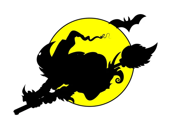 Hexe fliegt bei Vollmond - Silhouetten - Halloween-Vektorillustration — Stockvektor