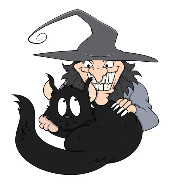 Black cat in funny wicked witch arms - halloween vector illustration — Stock Vector