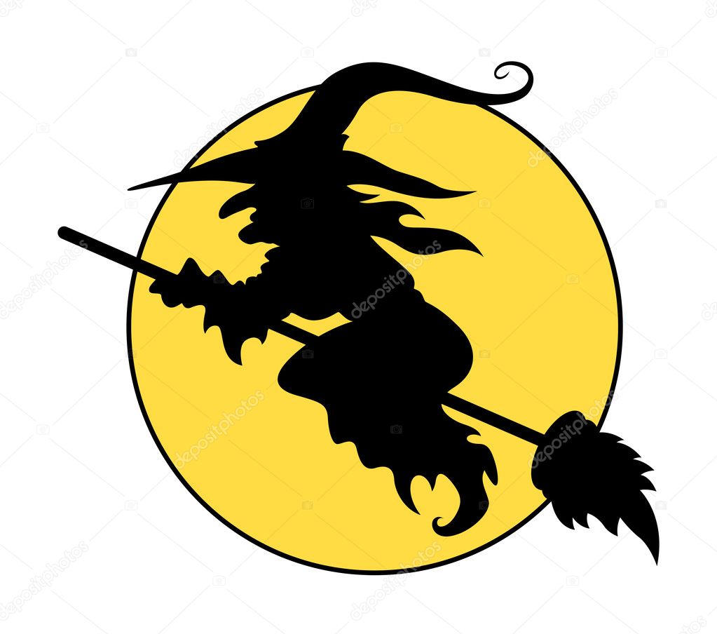 Silhouettes of flying witch on broom - halloween vector illustration