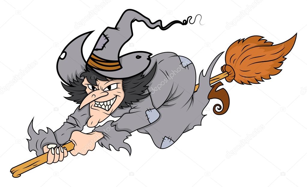 Cartoon witch flying on her broom - halloween vector illustration