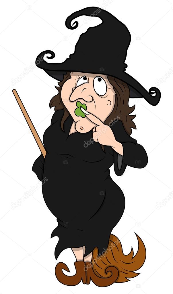 Fat ugly witch standing with broom stick - halloween vector illustration