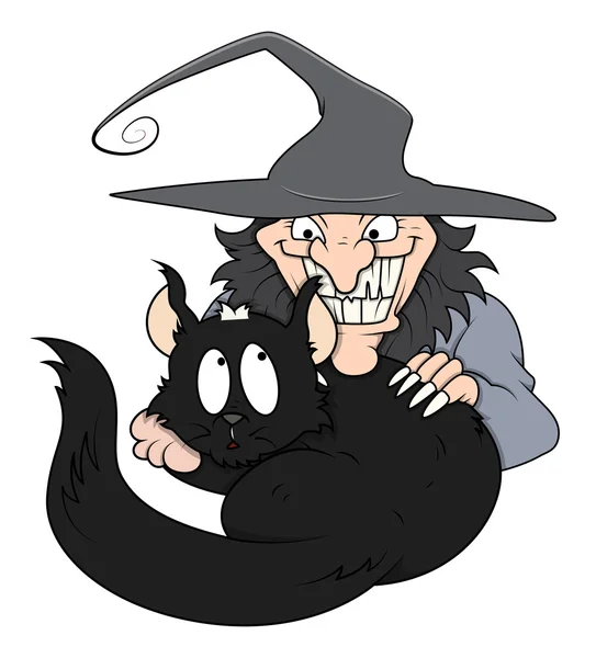 Kat met kwade heks vector voor halloween — Stockvector