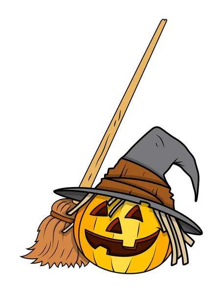 Jack o' lantern with witch broom - Halloween vector illustration — Stock Vector