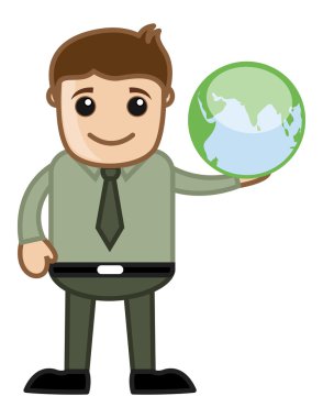 Dünya küre simge vektör holding karikatür adam