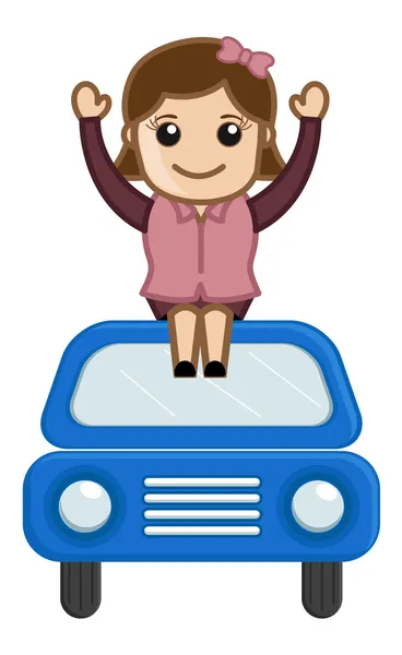 Kreskówka postać - Dziewczyna siedząca na samochód - podróżować pojęcie — Wektor stockowy