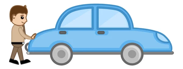 Hombre de dibujos animados empujando el vector del coche — Archivo Imágenes Vectoriales