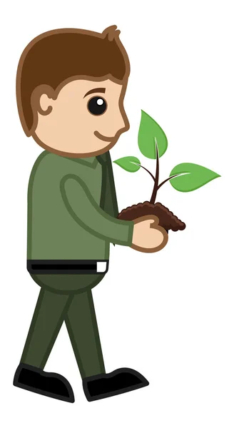 Man Holding a Baby Plant - Cartoon Character Vector — Stock Vector