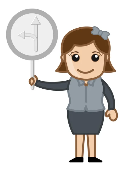 Cartoon Vector Woman Showing Arrows Sign — Stock Vector