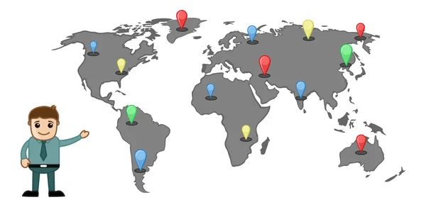 Hombre de dibujos animados mostrando mapa del mundo teniendo diferentes posiciones y lugares — Vector de stock