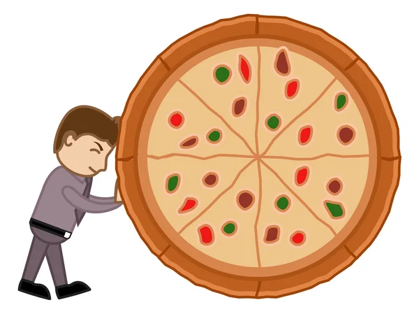 Hombre de vectores de dibujos animados arrastrando una pizza - No al concepto de comida chatarra — Vector de stock