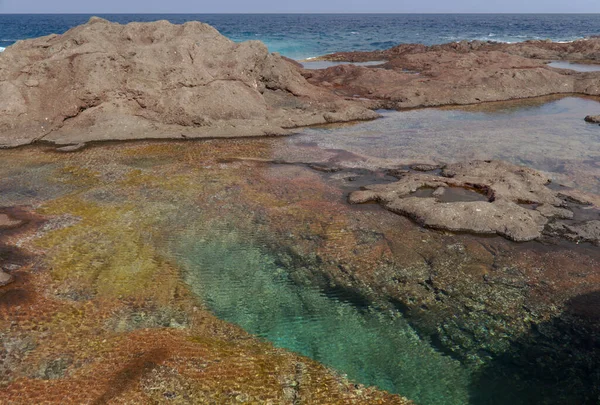 Gran Canaria, calm rock pools under steep cliffs of the north coast are separated from the ocean by volcanic rocks of platform  constructed by old lava flowsPunta de Galdar area