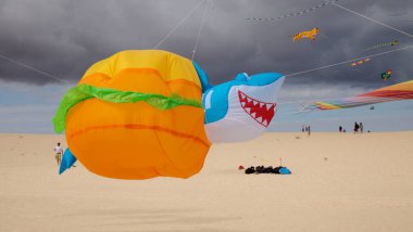 Fuerteventura, İspanya - 12 Kasım: İzleyiciler 12 Kasım 2021 'de Corralejo, Fuerteventura, İspanya' da düzenlenen Uluslararası Uçurtma Festivali 'nde çok renkli uçurtmaların keyfini çıkarıyorlar.