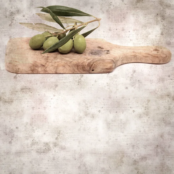 Stylish Textured Old Paper Background Small Branch Olive Tree Fruit — Stock Photo, Image