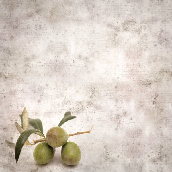 果物とオリーブの木の小さな枝とスタイリッシュなテクスチャ古い紙の背景 — ストック写真