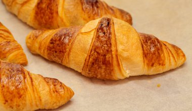 Fırından yeni çıkmış kruvasanlar parşömen kaplı fırın tepsisinde.