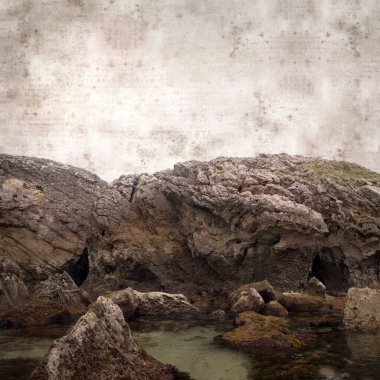 Şık desenli eski kağıt kare arka plan. Cantabria 'nın kıyı kesiminin manzarası. Adı Costa Quebrada, Kırık Kıyı.
