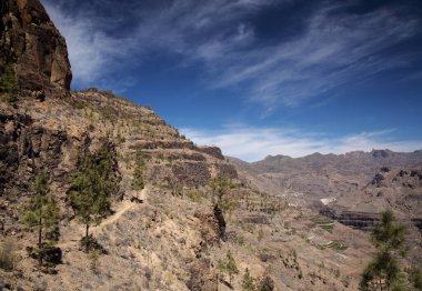 Gran Canaria, adanın güney kısmının manzarası Barranco de Arguinegun sarp ve derin vadi boyunca dikey kaya duvarları, bir köyden başlayan dairesel yürüyüş rotası