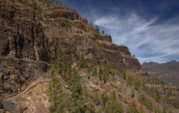 Gran Canaria, landscape of the southern part of the island along Barranco de Arguinegun steep and deep ravinewith vertical rock walls, circular hiking route starting at a hamlet Barranquillo Andres