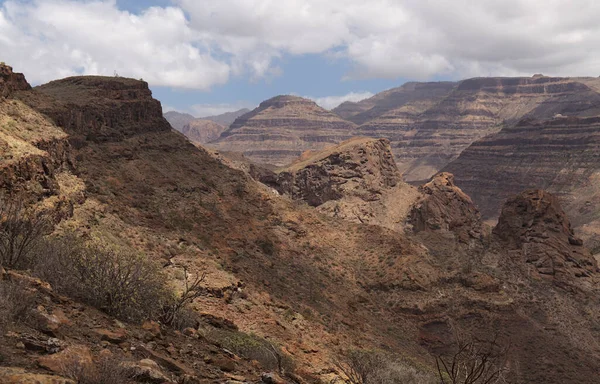 Gran Canaria, landscape of the southern part of the island along Barranco de Arguinegun steep and deep ravinewith vertical rock walls, circular hiking route visiting Elephant rock arch and several viewponts