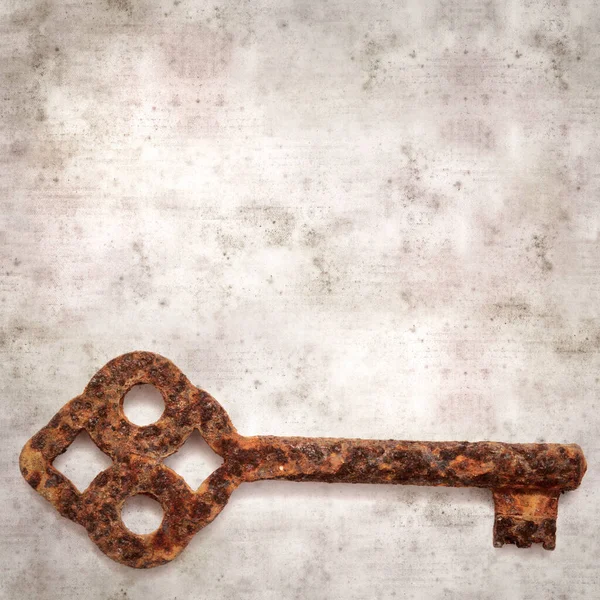 Stylish Textured Old Paper Background Old Rusty Key — 스톡 사진