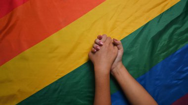 Genç Asyalı kadın LGBT lezbiyen çift LGBT onur bayrağı üzerinde el ele tutuşuyorlar.