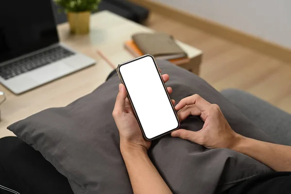 Close View Man Holding Smarphone While Sitting Couch — стоковое фото