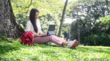Parkta oturup bilgisayar tabletiyle çalışan genç bir kadın serbest yazar..