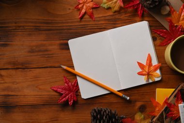 Üst görüş defteri, kahve fincanı, kozalak ve akçaağaç yaprakları ahşap masada..