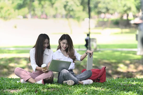 Zwei Glückliche Frauen Sitzen Park Und Arbeiten Zusammen — Stockfoto