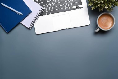 Üst görünüm dizüstü bilgisayar, saksı bitkisi, defter ve kahve fincanı mavi arka planda..