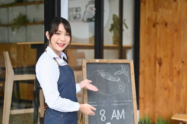 Smiling Coffee Shop Owner Woman Standing Doorway Black Board — Fotografia de Stock