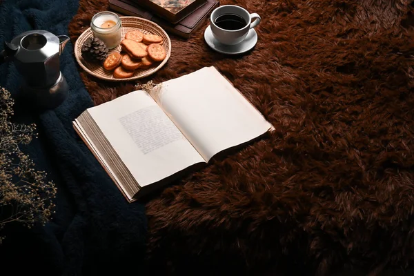 Coffee Cup Book Tray Cookies Carpet — Stock Photo, Image