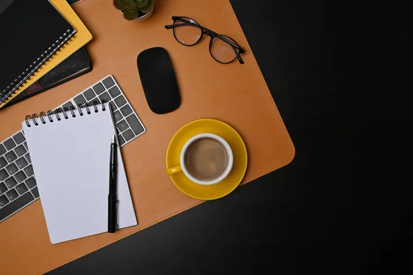 Top View Coffee Cup Notebook Glasses Modern Workspace — 图库照片