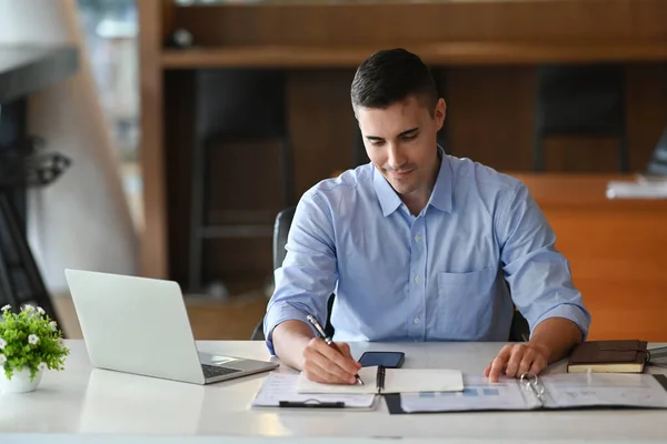 Confident Businessman Checking Reports His Office Desk — Stockfoto