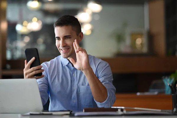 Smiling Businessman Having Video Call Smart Phone — Stockfoto