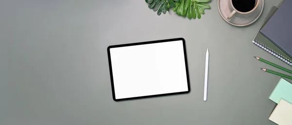 Mock Digital Tablet Stylus Pen Notebook Coffee Cup Gray Background — Stockfoto