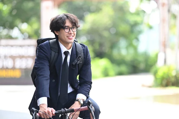 Smiling Young Businessman Riding Bicycle City Street — Fotografia de Stock