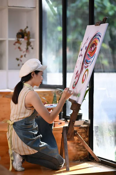 Portrait Female Artist Painting Canvas Color Water Art Studio — Stock Photo, Image