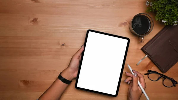 Boş Ekran Stil Kalemi Ile Dijital Tablet Tutan Kadın — Stok fotoğraf