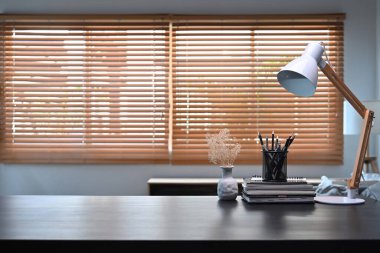 Lamp, books, pencil holder and potted plant on black wooden table.
