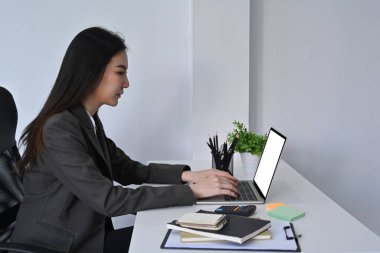 Ofiste bilgisayar kullanan güzel bir iş kadını..