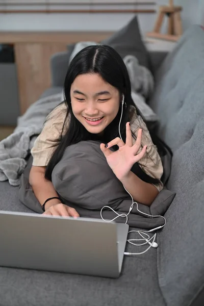 Smiling Asian Girl Having Video Call Computer Laptop Home — Stock Photo, Image