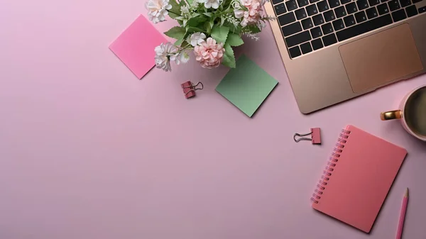 Feminine Workplace Laptop Computer Sticky Notes Coffee Cup Pink Background — Photo