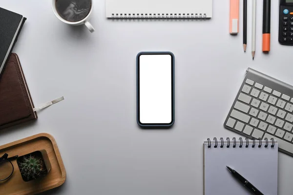 Mock Smart Phone Empty Display Supplies White Office Desk — Fotografia de Stock